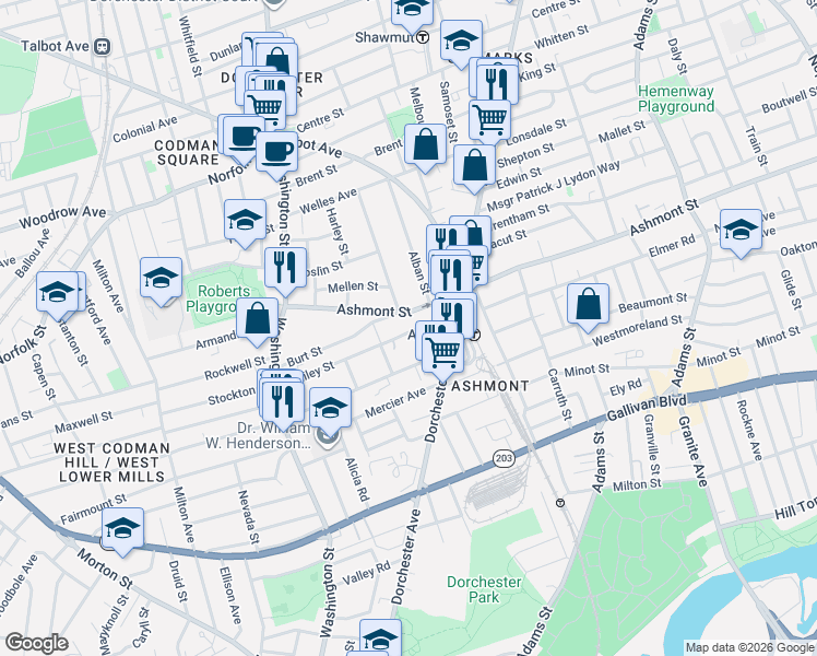 map of restaurants, bars, coffee shops, grocery stores, and more near 72 Bailey Street in Boston