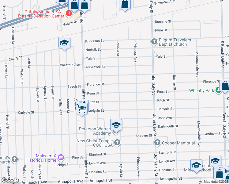 map of restaurants, bars, coffee shops, grocery stores, and more near 27038 Penn Street in Inkster