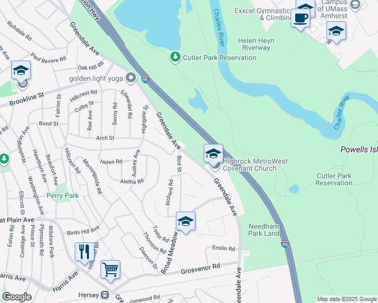 map of restaurants, bars, coffee shops, grocery stores, and more near 692 Greendale Avenue in Needham