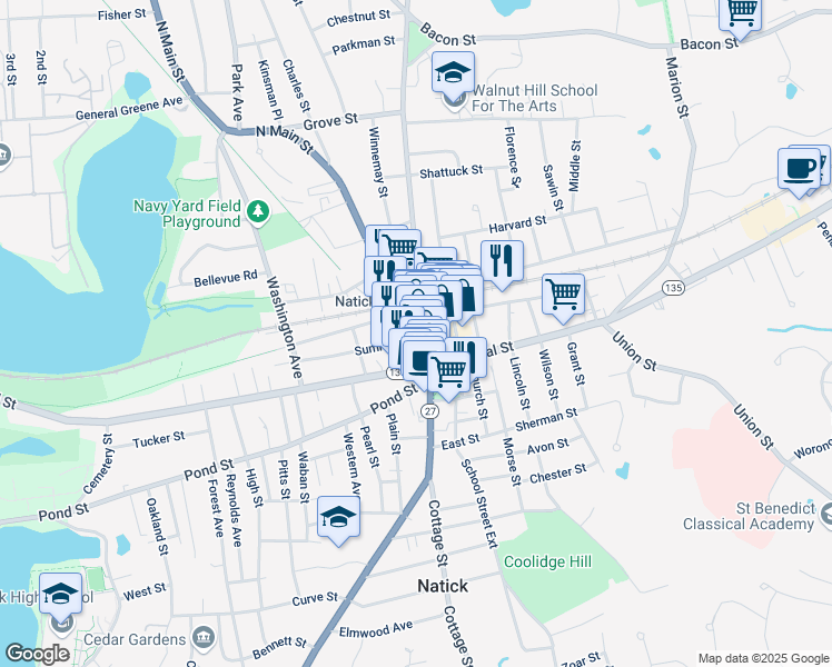 map of restaurants, bars, coffee shops, grocery stores, and more near 24 Massachusetts 27 in Natick