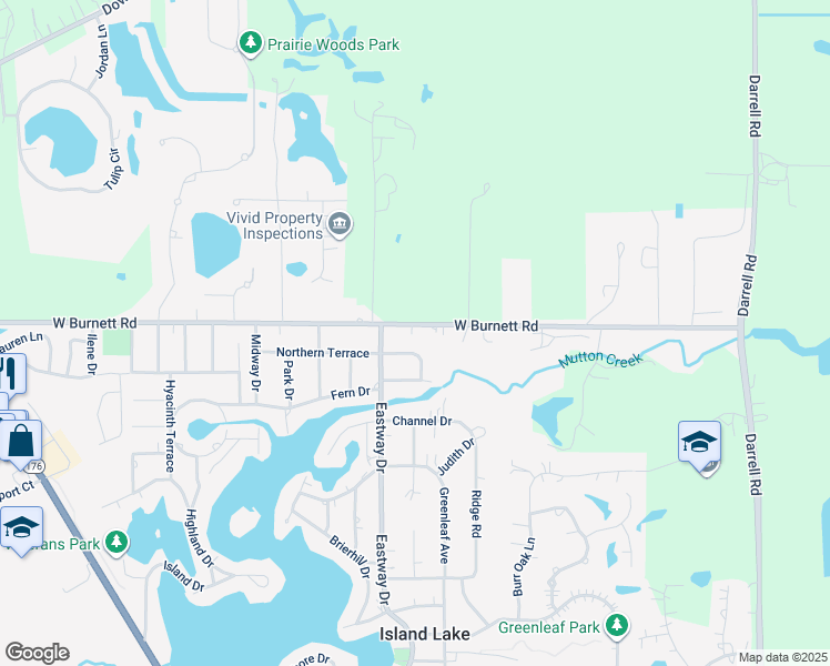 map of restaurants, bars, coffee shops, grocery stores, and more near 311 East Burnett Road in Island Lake