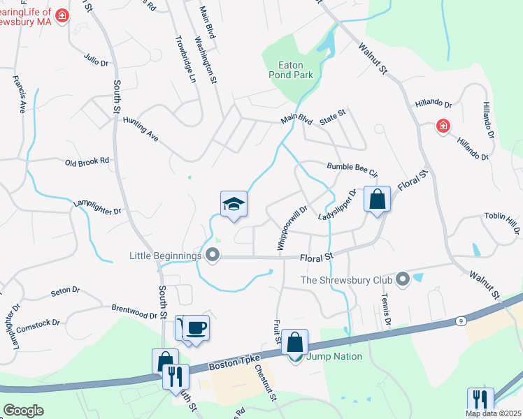 map of restaurants, bars, coffee shops, grocery stores, and more near 9 Honeysuckle Lane in Shrewsbury