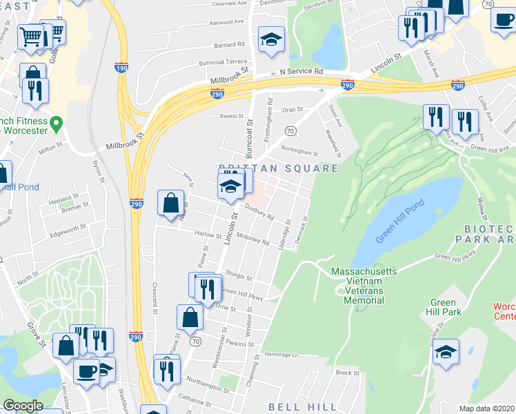 map of restaurants, bars, coffee shops, grocery stores, and more near 12 Duxbury Road in Worcester