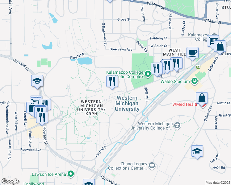 map of restaurants, bars, coffee shops, grocery stores, and more near Archer Drive in Kalamazoo