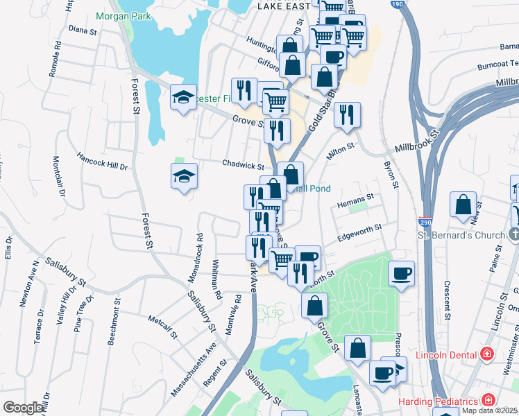 map of restaurants, bars, coffee shops, grocery stores, and more near 6 Park Avenue in Worcester