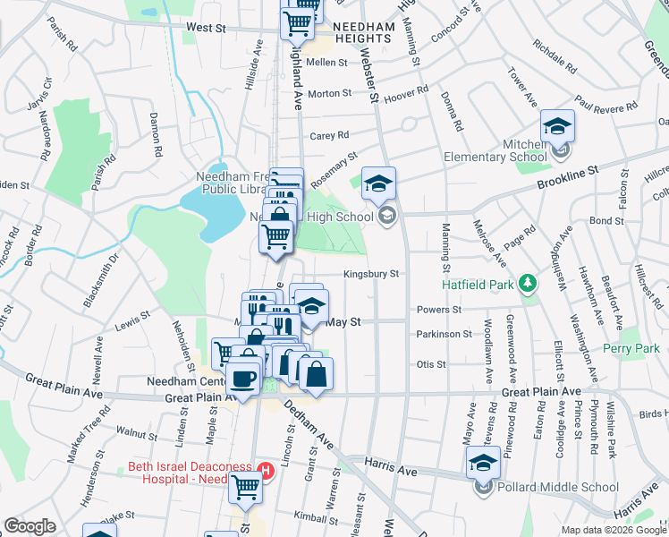 map of restaurants, bars, coffee shops, grocery stores, and more near 75 Kingsbury Street in Needham