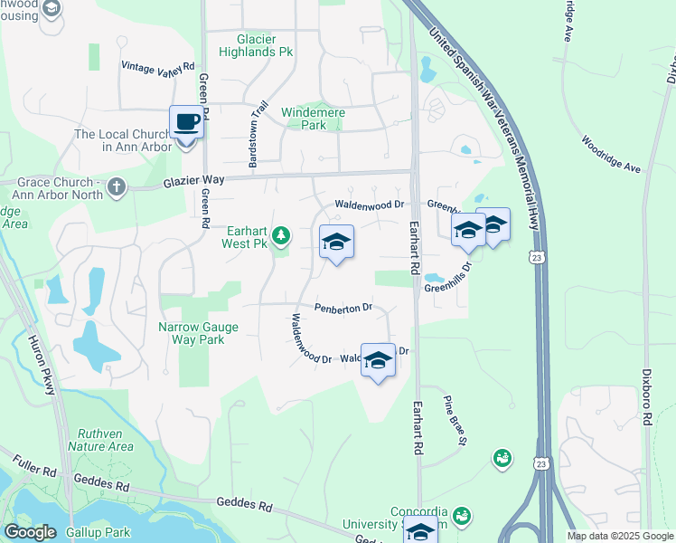 map of restaurants, bars, coffee shops, grocery stores, and more near 3800 Waldenwood Drive in Ann Arbor