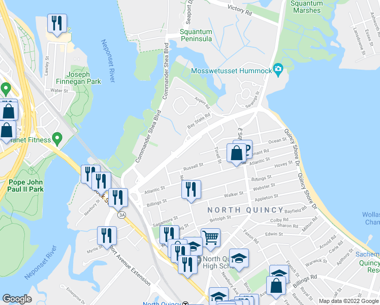 map of restaurants, bars, coffee shops, grocery stores, and more near 165 Quincy Shore Drive in Quincy