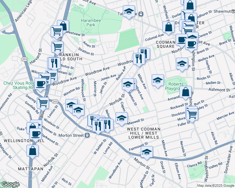 map of restaurants, bars, coffee shops, grocery stores, and more near 24A Rock Avenue in Boston