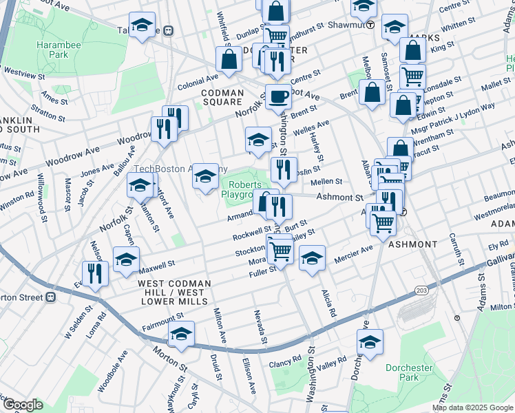 map of restaurants, bars, coffee shops, grocery stores, and more near 41 Armandine Street in Boston