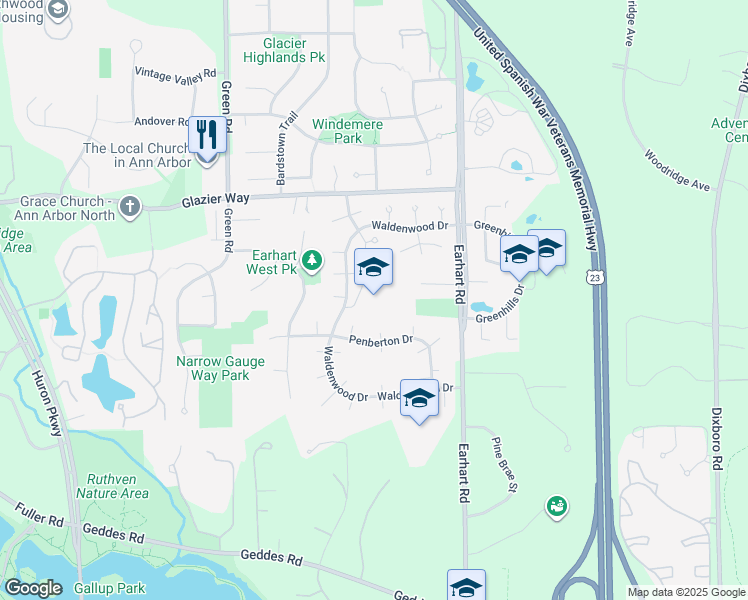 map of restaurants, bars, coffee shops, grocery stores, and more near 3800 Waldenwood Drive in Ann Arbor