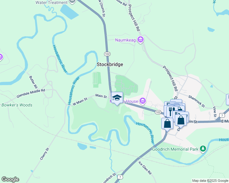 map of restaurants, bars, coffee shops, grocery stores, and more near 2 Church Street in Stockbridge