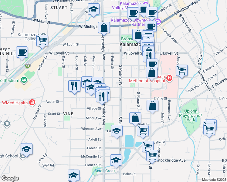 map of restaurants, bars, coffee shops, grocery stores, and more near 429 West Dutton Street in Kalamazoo