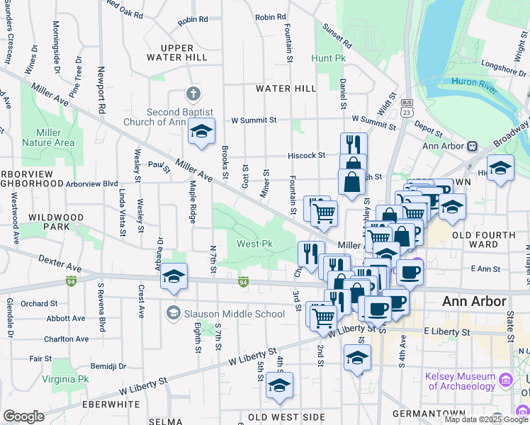 map of restaurants, bars, coffee shops, grocery stores, and more near 707 Miller Avenue in Ann Arbor