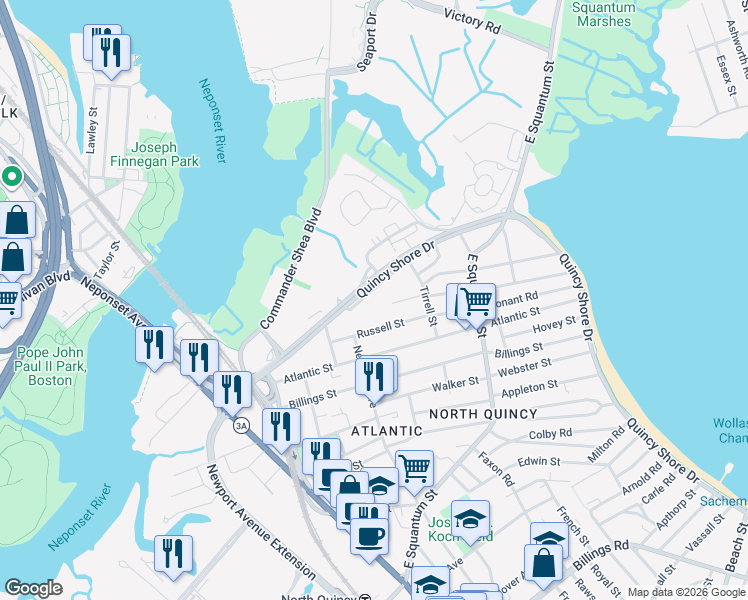 map of restaurants, bars, coffee shops, grocery stores, and more near 185 Quincy Shore Drive in Quincy