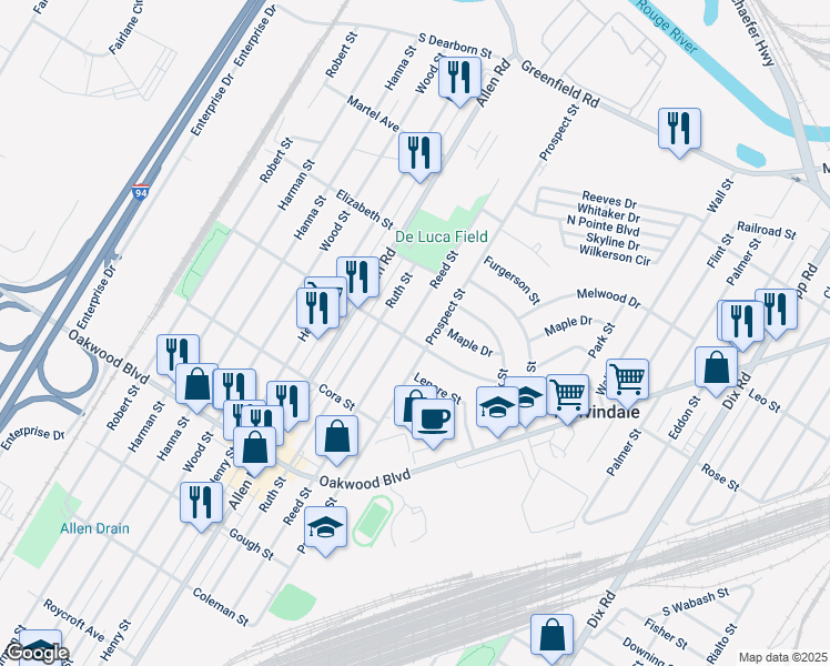 map of restaurants, bars, coffee shops, grocery stores, and more near 17690 Reed Street in Melvindale