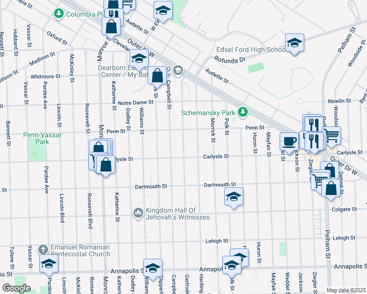 map of restaurants, bars, coffee shops, grocery stores, and more near 3605 Gertrude Street in Dearborn