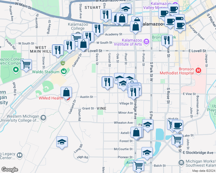 map of restaurants, bars, coffee shops, grocery stores, and more near 710 Locust Street in Kalamazoo