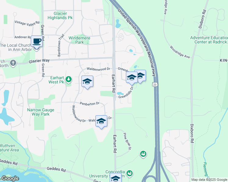 map of restaurants, bars, coffee shops, grocery stores, and more near 805 Earhart Road in Ann Arbor
