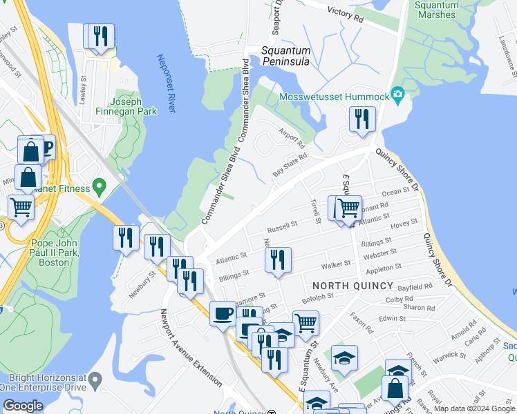 map of restaurants, bars, coffee shops, grocery stores, and more near 122 Quincy Shore Drive in Quincy