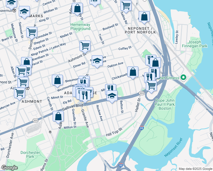 map of restaurants, bars, coffee shops, grocery stores, and more near 73-75 Chelmsford Street in Boston