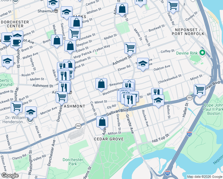 map of restaurants, bars, coffee shops, grocery stores, and more near 61 Beaumont Street in Boston