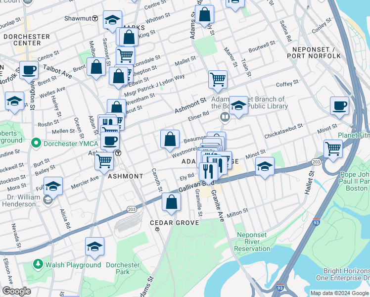 map of restaurants, bars, coffee shops, grocery stores, and more near 61 Beaumont Street in Boston
