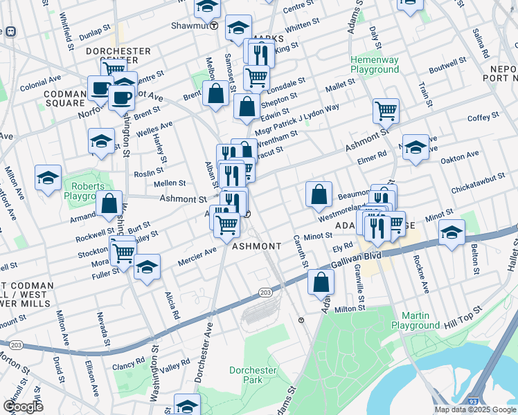 map of restaurants, bars, coffee shops, grocery stores, and more near 17 Rowena Street in Boston