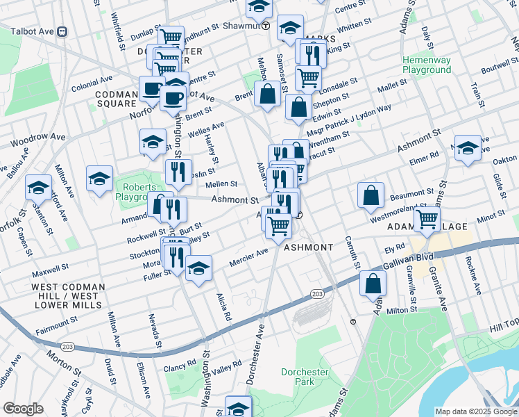 map of restaurants, bars, coffee shops, grocery stores, and more near 145 Ashmont Street in Boston