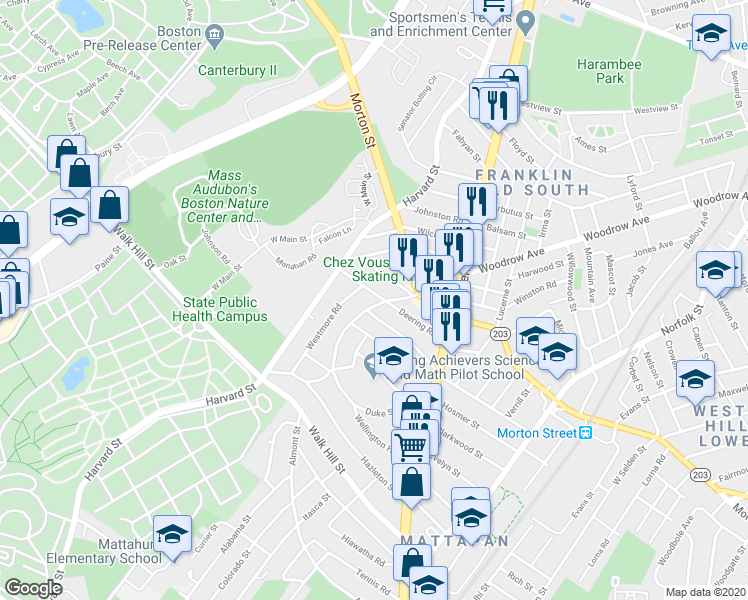 map of restaurants, bars, coffee shops, grocery stores, and more near 4 Westmore Road in Boston