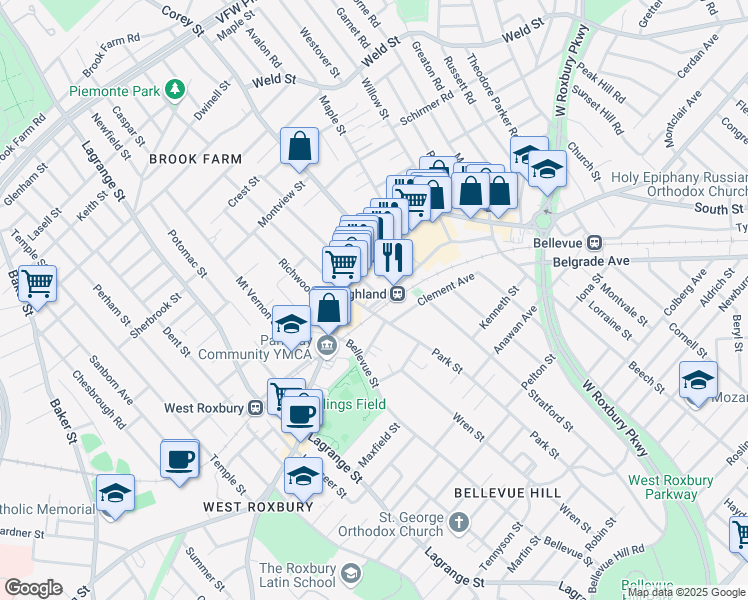 map of restaurants, bars, coffee shops, grocery stores, and more near 16 Hastings Street in Boston