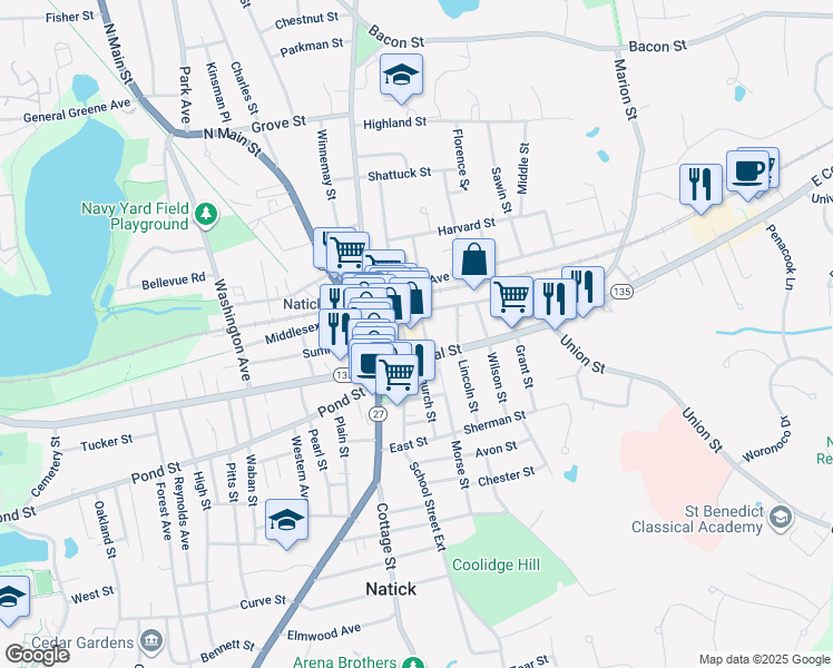 map of restaurants, bars, coffee shops, grocery stores, and more near 17 Washington Street in Natick