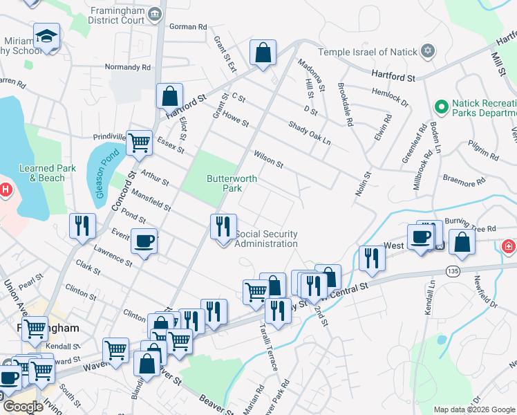 map of restaurants, bars, coffee shops, grocery stores, and more near 93 Bishop Drive in Framingham