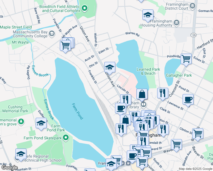 map of restaurants, bars, coffee shops, grocery stores, and more near 258 Union Avenue in Framingham