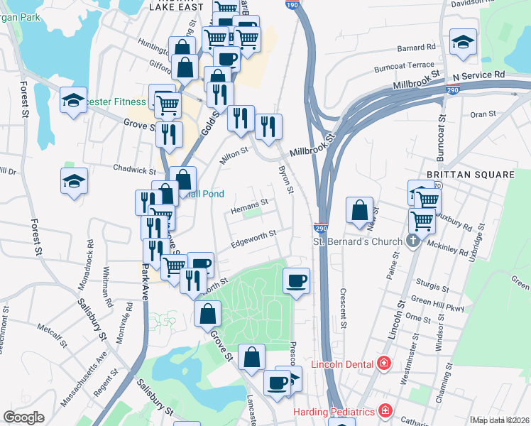 map of restaurants, bars, coffee shops, grocery stores, and more near 22 Hemans Street in Worcester