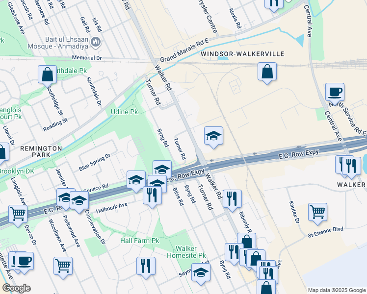 map of restaurants, bars, coffee shops, grocery stores, and more near 3 Turner Road in Windsor