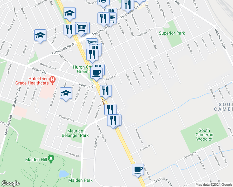 map of restaurants, bars, coffee shops, grocery stores, and more near in Windsor