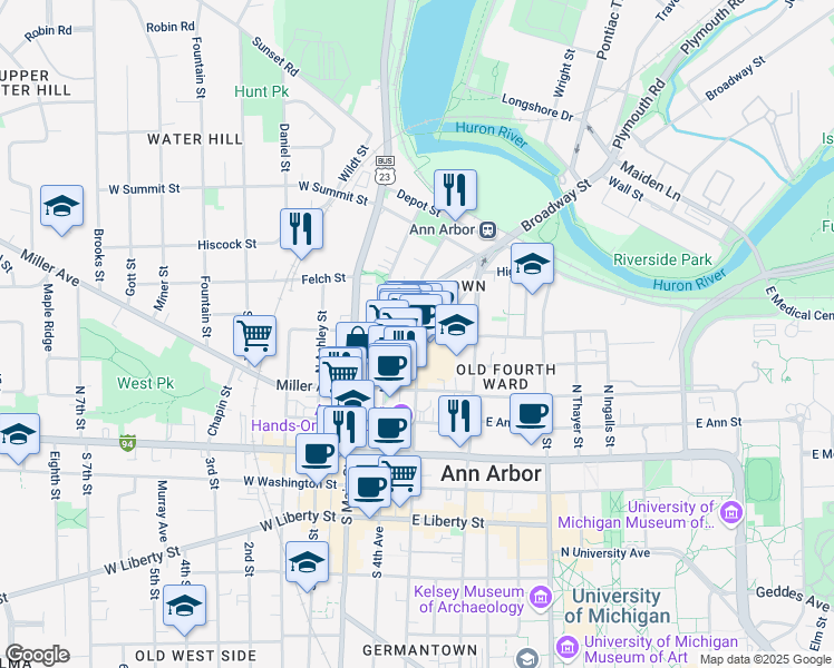 map of restaurants, bars, coffee shops, grocery stores, and more near 211 East Kingsley Street in Ann Arbor