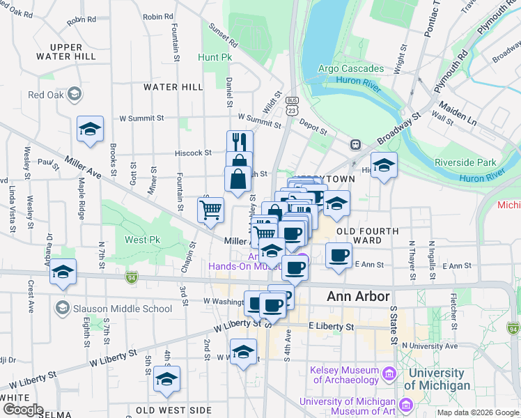 map of restaurants, bars, coffee shops, grocery stores, and more near 122 West Kingsley Street in Ann Arbor