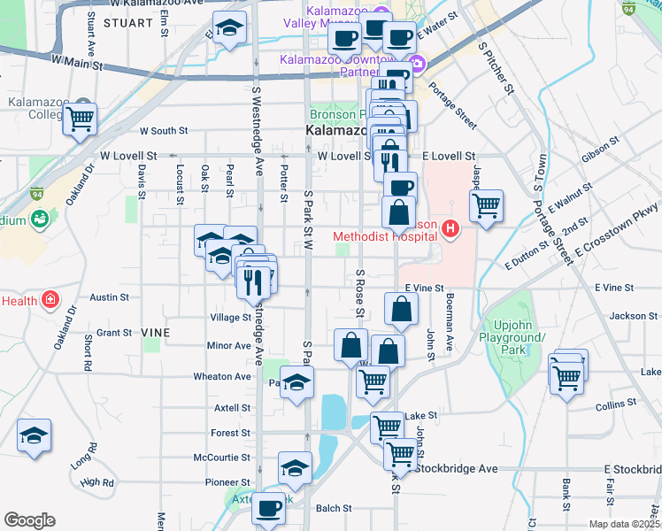 map of restaurants, bars, coffee shops, grocery stores, and more near 219 West Dutton Street in Kalamazoo