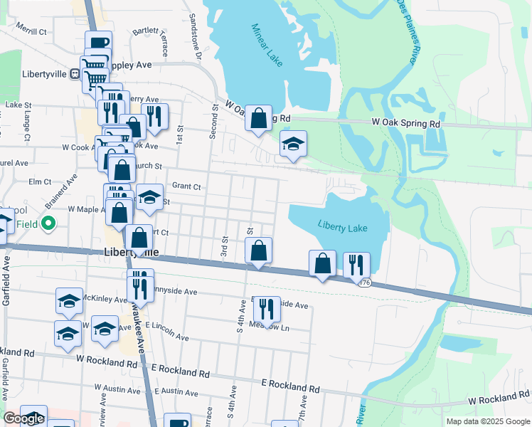map of restaurants, bars, coffee shops, grocery stores, and more near 621 Broadway in Libertyville
