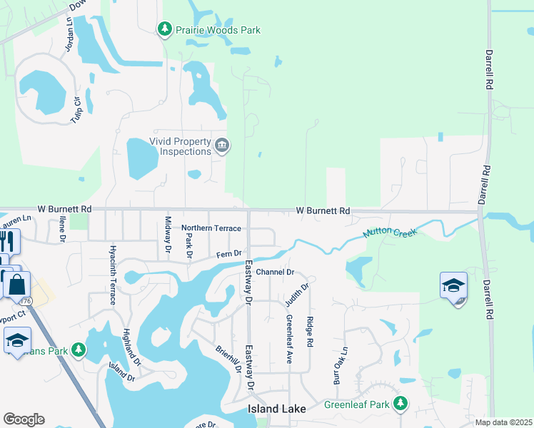 map of restaurants, bars, coffee shops, grocery stores, and more near 311 East Burnett Road in Island Lake