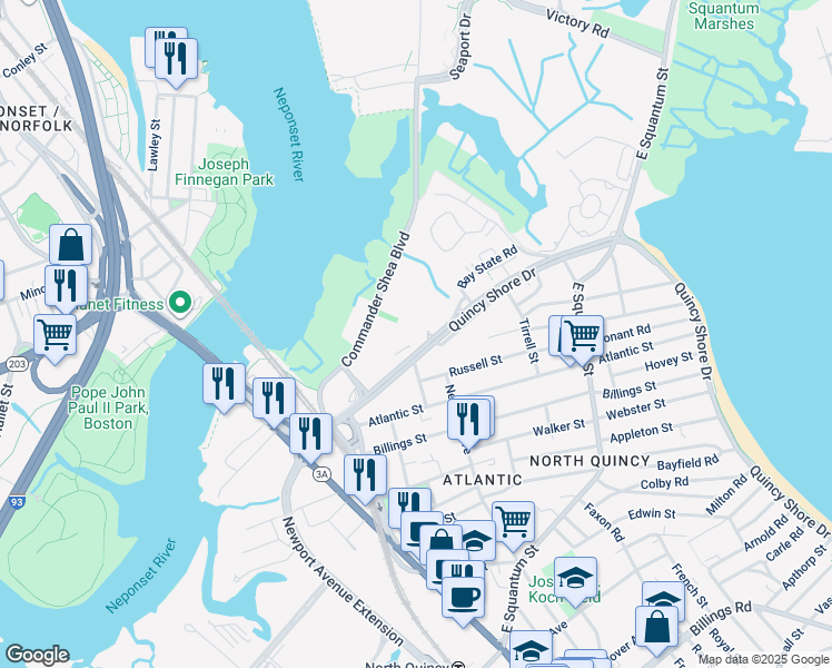 map of restaurants, bars, coffee shops, grocery stores, and more near 122 Quincy Shore Drive in Quincy