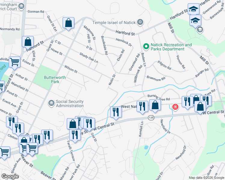 map of restaurants, bars, coffee shops, grocery stores, and more near 73 Morency Street in Natick