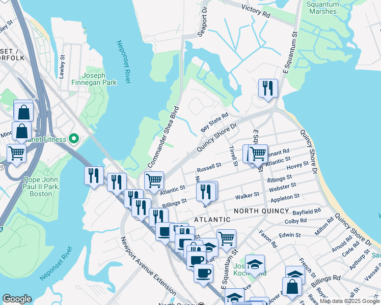 map of restaurants, bars, coffee shops, grocery stores, and more near 158 Quincy Shore Drive in Quincy