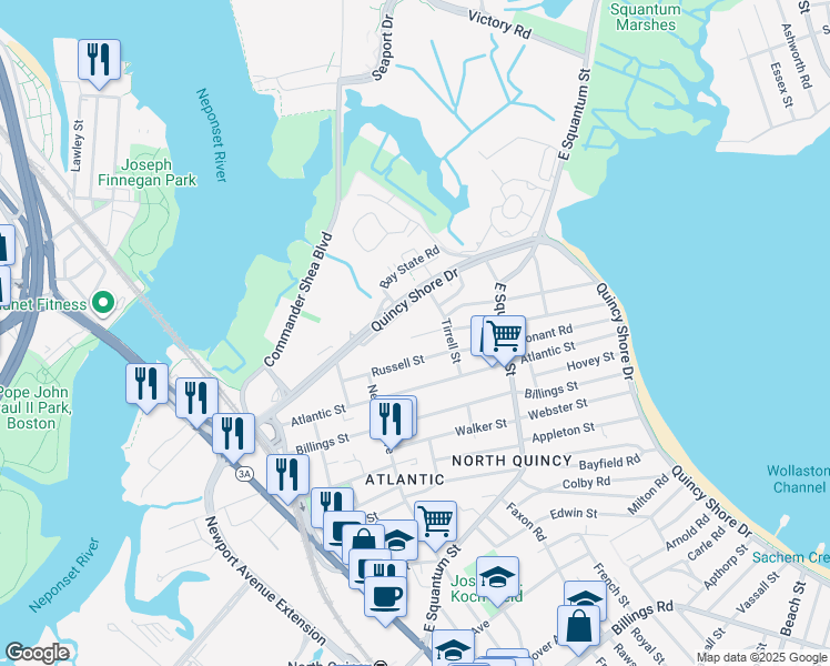 map of restaurants, bars, coffee shops, grocery stores, and more near 60 Carlisle Street in Quincy