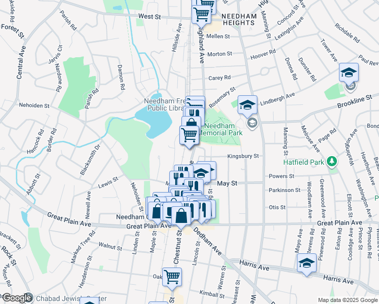 map of restaurants, bars, coffee shops, grocery stores, and more near 1257 Highland Avenue in Needham