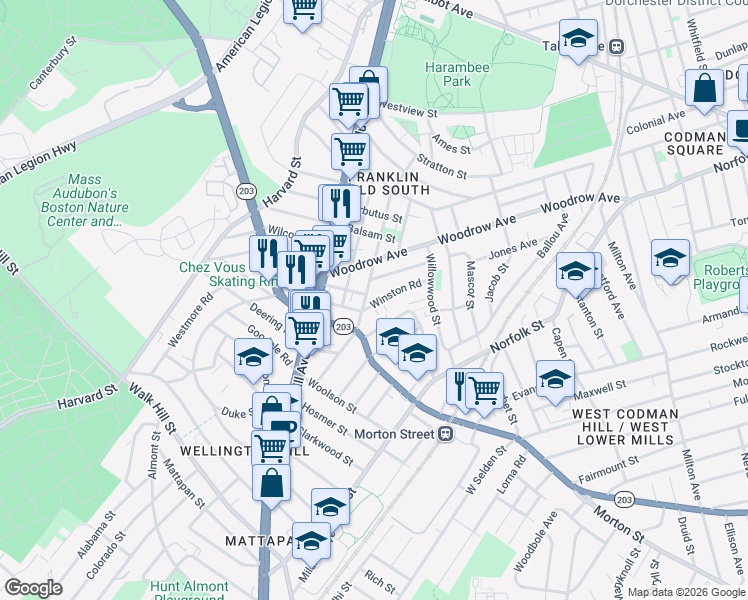 map of restaurants, bars, coffee shops, grocery stores, and more near 65 Winston Road in Boston