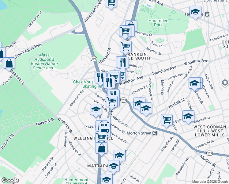 map of restaurants, bars, coffee shops, grocery stores, and more near 1163 Blue Hill Avenue in Boston