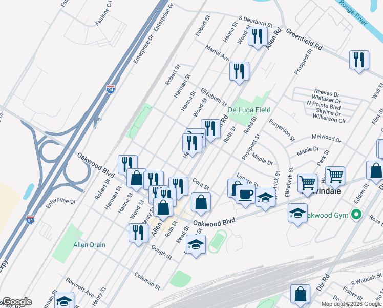 map of restaurants, bars, coffee shops, grocery stores, and more near 17945 Allen Road in Melvindale